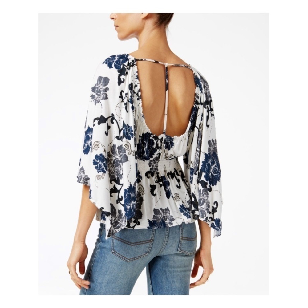 FREE PEOPLE Navy Gathered Floral Bell Sleeve top